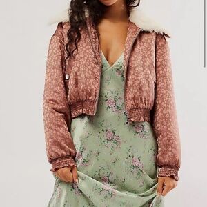 Free People Crafted Floral Bomber Jacket – Faux Fur Collar, Size XS